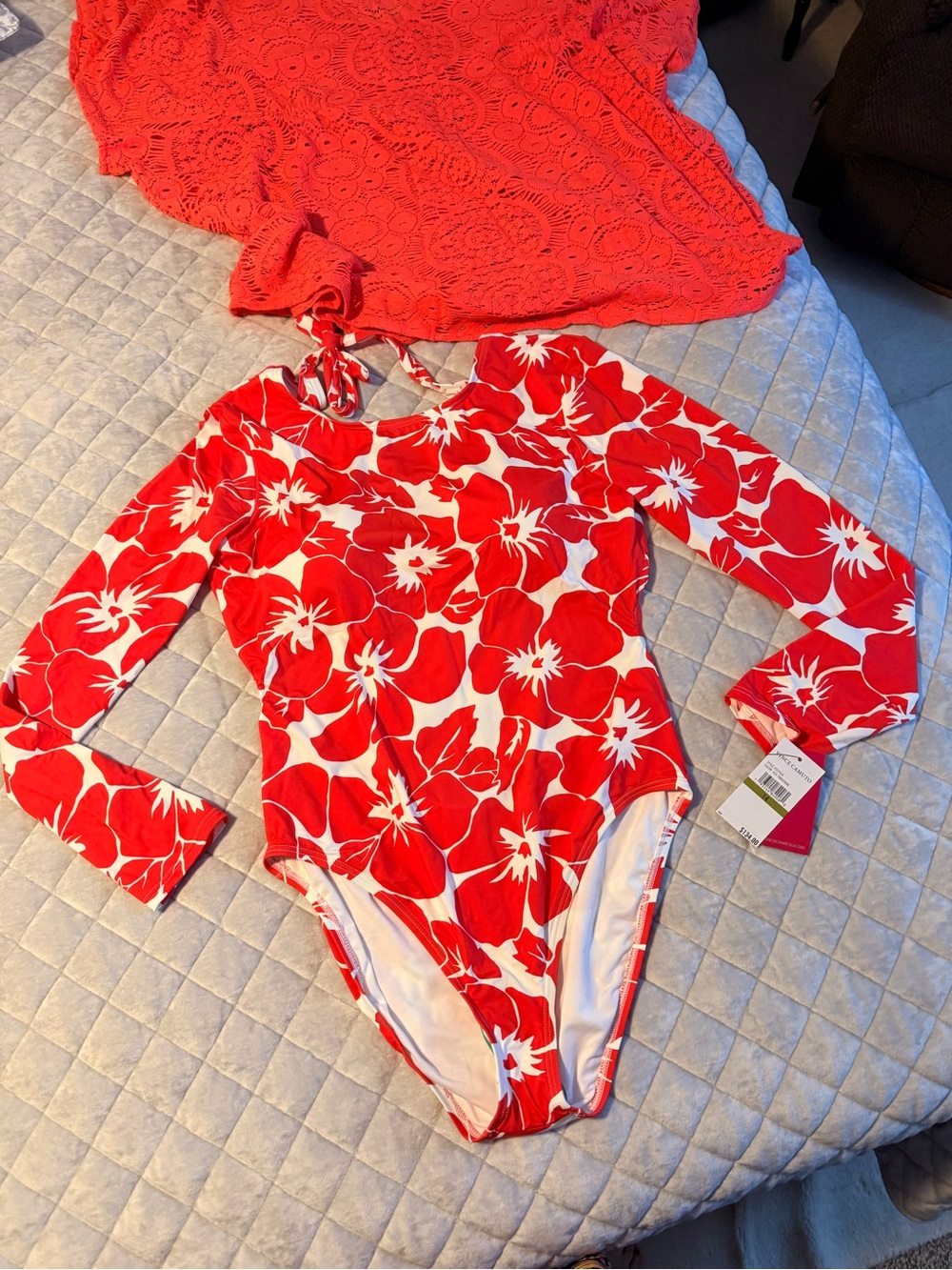 NWT Vince Camuto One Piece Plunge Back Swim Suit with Matching Cover Up SZ 14